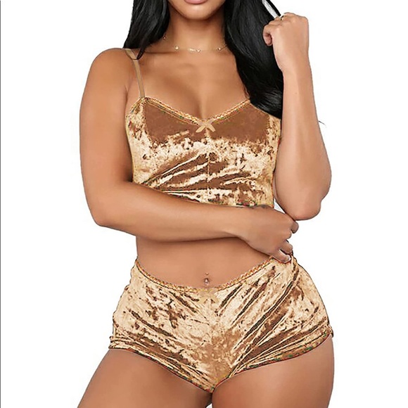 n/a Other - Gold Velvet 2 Pc Crop Top Tank & Shorts Pajama Set